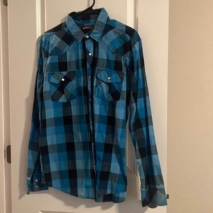 Men’s Blue and Black Checkered Button Down